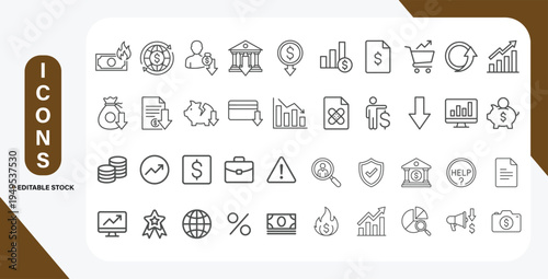 Financial Crisis Icons Set with Editable Line Style. Vector Outline Illustration Collection.
