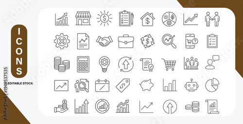 Business Forecasting Icons Set with Editable Line Style. Vector Outline Illustration Collection.