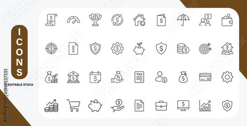 Wealth Management Icons Set with Editable Line Style. Vector Outline Illustration Collection.