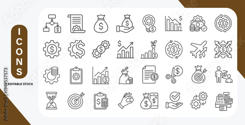 Cost Reduction Icons Set with Editable Line Style. Vector Outline Illustration Collection.