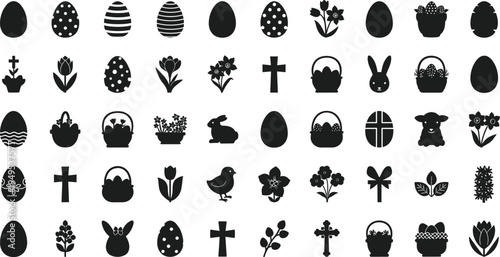 Black Easter icons on white background, Symbols and signs