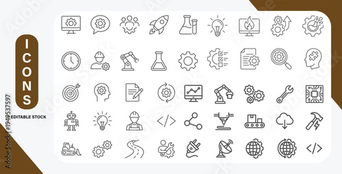 Engineering Icons Set with Editable Line Style. Vector Outline Illustration Collection.