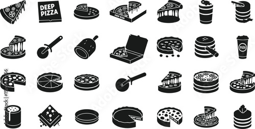 Collection of black and white pizza icons and symbols for food industry