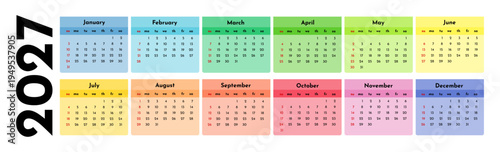 Calendar for 2027 isolated on a white background