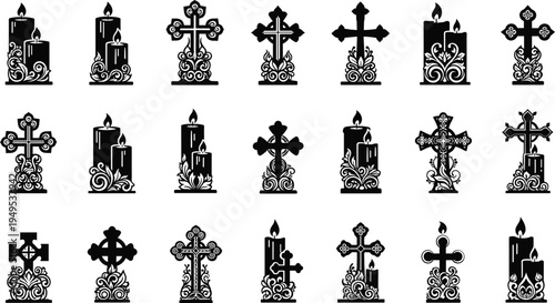 Collection of ornate black cross and candle icons on white background