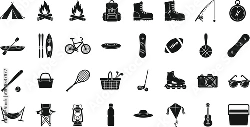 Collection of outdoor recreation and sports icons in black and white