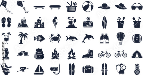 Collection of summer vacation icons and travel symbols