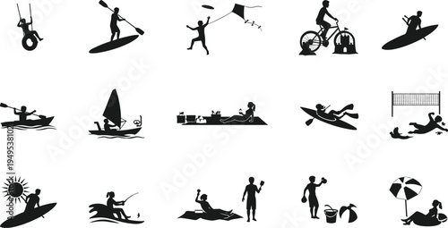 Summer activities and sports silhouettes on white background
