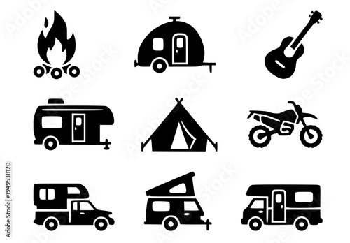 Camping, RV, and Outdoor Recreation Silhouette Icon Set