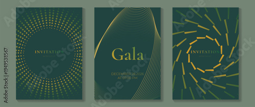 Modern luxury invitation card set vector. Gold radial and curved line designs on dark green background for gala, wedding, party, and premium event templates.
