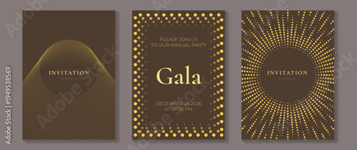Premium gala invitation card set vector. Golden line patterns on dark brown background with minimal typography and elegant event template designs.