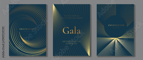 Luxury gala invitation card set vector. Elegant gold line art on dark teal background with geometric waves, minimal layout, and premium event design templates.