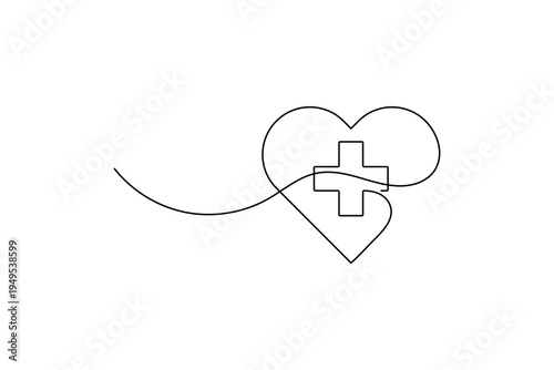 Medical cross one line drawing with heart for healthcare and compassionate care