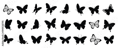 Butterfly Silhouette Vector Set with Moths and Flying Insects, Hand Drawn Black Wing Shapes in Different Styles, Minimal Insect Illustration Collection for Logo Design, Stickers, Icons and Y2K Cover 