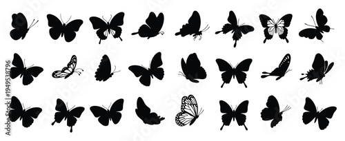 Butterfly Silhouette Vector Set with Moths and Flying Insects, Hand Drawn Black Wing Shapes in Different Styles, Minimal Insect Illustration Collection for Logo Design, Stickers, Icons and Y2K Cover 