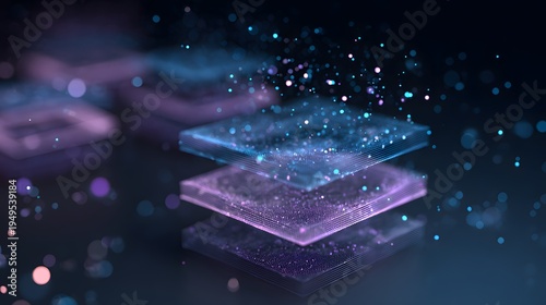 A futuristic digital illustration of glowing purple and blue layers