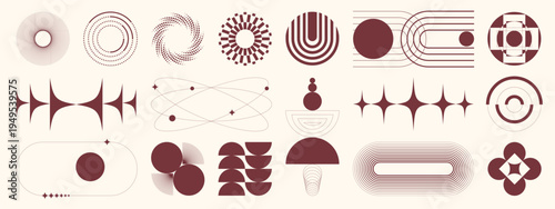 Luxury abstract line element set vector. Burgundy minimal geometric symbols, circles, waves, stars, and modern decorative shapes collection for branding, poster, and invitation design.