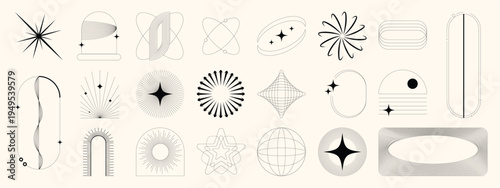 Luxury line art abstract element set vector. Minimal black geometric symbols, stars, ovals, circles, and celestial shapes collection for branding, poster, and invitation design.