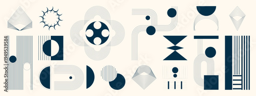 Mid century modern geometric element set vector. Minimal blue abstract shapes, lines, arches, circles, and retro symbols collection for poster, branding, and design.