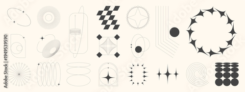 Abstract celestial geometric element set vector. Minimal black line symbols, stars, rings, circles, and decorative shapes collection for poster, branding, and modern design.