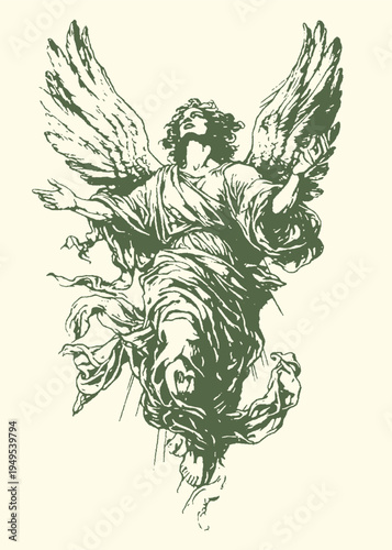 Vintage style religious illustration of a dramatic winged angel ascending towards the heavens with flowing robes and expressive gestures