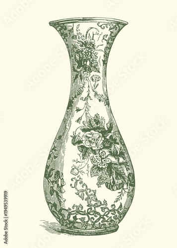 Vintage engraved decorative porcelain vase illustration featuring detailed floral and fruit patterns in antique monochrome green