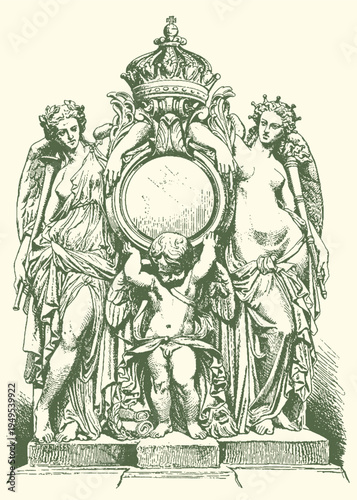 Antique vector illustration depicting allegorical female figures flanking a cherub holding a crowned cartouche or oval frame design