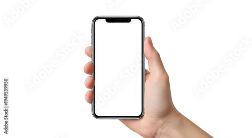 A hand holding a smartphone with a blank white screen in portrait orientation isolated on transparent background,png