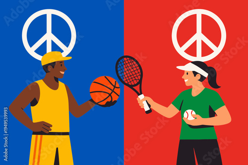Flat Vector Poster of Athletes Sharing Sports Equipment