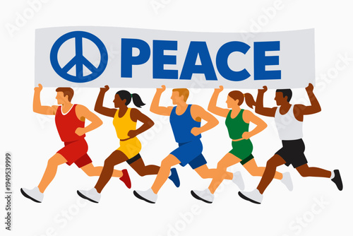 Flat Vector of Athletes Running Together Holding Peace Banner