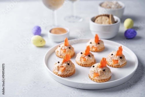 Salmon egg salad with crackers in the form of chicks in the plate for Easter holidays