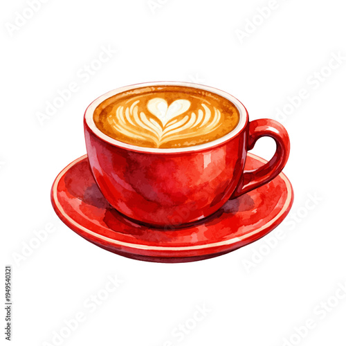 A watercolor vector of a cappuccino coffee cup with latte art for café drink illustrations, coffee shop menu designs, and barista beverage clipart.
