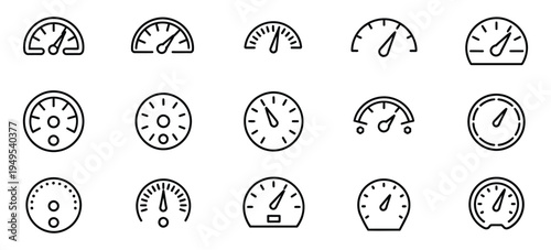 Speedometer Icon Set with Gauge, Dashboard and Tachometer Indicators, Editable Stroke Line Vector Icons Featuring Speed Scale and Arrow Pointer for Car Dashboard, Performance Meter UI