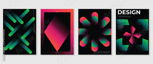 Modern gradient poster background vector set. Abstract cover template with monotone perspective geometric prism shape. Ideal design for social media, cover, banner, flyer.