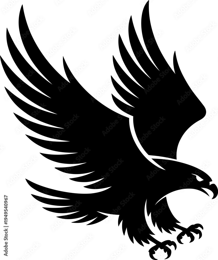 Fototapeta premium Black silhouette of a flying eagle with spread wings attacking with talons