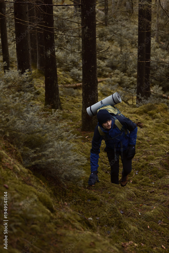 Obraz premium A hiker with a backpack and sleeping mat climbs a mossy, steep hill in a dense evergreen forest. Wearing a blue jacket and beanie, he navigates the wild, overcast woodland during a cold autumn day.