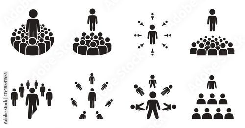 Minimalist Silhouette Icons Depicting Group Dynamics, Leadership, Teamwork, and Social Network Structures