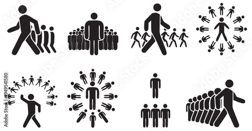 Minimal Silhouette Vector Icon Set Representing People in Various Group Dynamics and Leadership