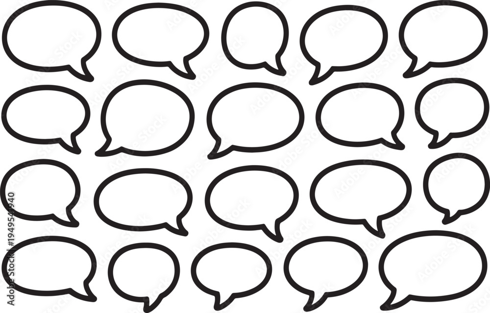 Fototapeta premium This vector graphic illustration presents a diverse collection of multiple empty speech bubbles, ideal for conveying dialogue, thoughts, messages, or interactive elements