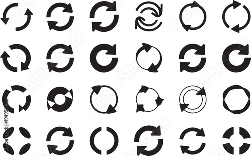 Collection of diverse black circular arrow vector graphic icons illustrating refresh reload and repeat concepts professionally