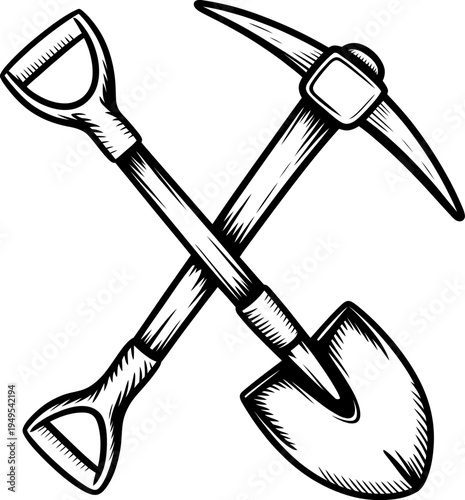 Crossed shovel and pickaxe hand drawn illustration, mining or construction tool icon, vintage engraving style sketch of digging equipment