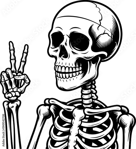 Human skeleton showing peace sign gesture, black and white ink illustration