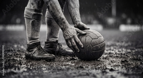 Vintage black and white close up of soccer player hands placing heavy leather ball on muddy field during rainy match as symbol of historical sports heritage and classic football competition