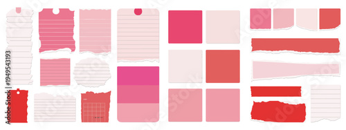 Pink and Red Sticky Notes Vector Set with Memo Pads and Ripped Paper Elements, Colorful Note Papers Collection for Reminders, Messages, Scrapbook, Planner and Stationery Design