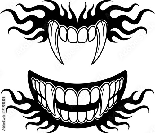 Scary monster mouth with sharp fangs and tribal flame design elements for halloween costume mask or graphic sticker