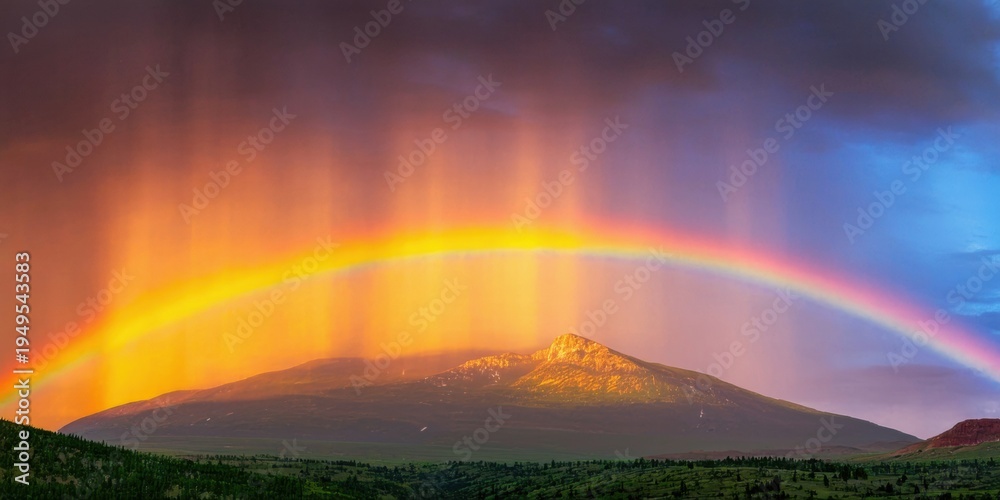 Fototapeta premium Dramatic mountain landscape. Vivid rainbow arcs over peak, colorful sky contrasts dark foreground. Beautiful nature scene.