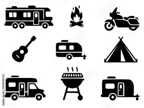 RV Camping and Outdoor Adventure Silhouette Icon Set. Vector illustrations of Motorhomes, Tents, and Campfires