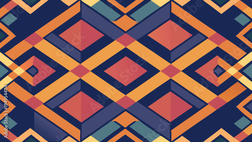 Abstract geometric pattern with colorful overlapping diamonds and stripes