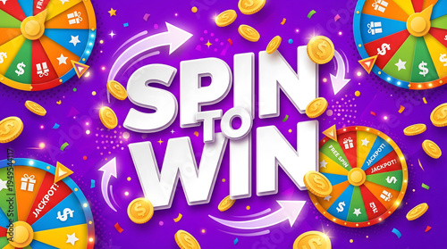 Spin to Win 3D Paper Cut Text with Prize Wheels on Electric Purple