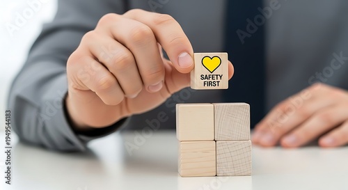 Man placing a wooden block with Safety First text and heart icon on a stack of blocks.